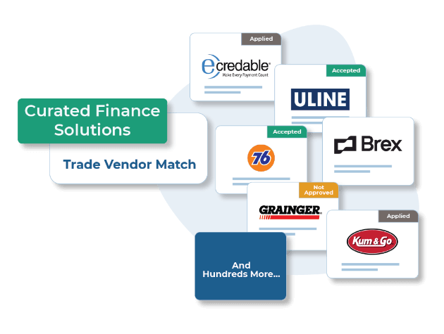Trade Vendor Match — curated trade vendors matched to your profile, including eCredable, Uline, Brex, 76, Grainger, and more.